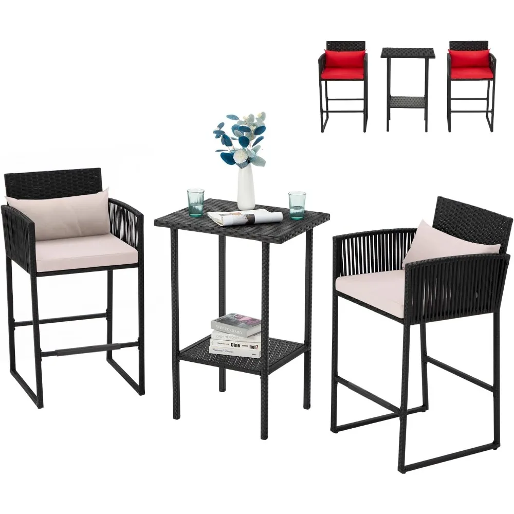 

3PCS Patio Wicker Bar Set, Outdoor Bistro Rattan Barstool Furniture, Height Counter Table and Chairs for Backyard, Pools