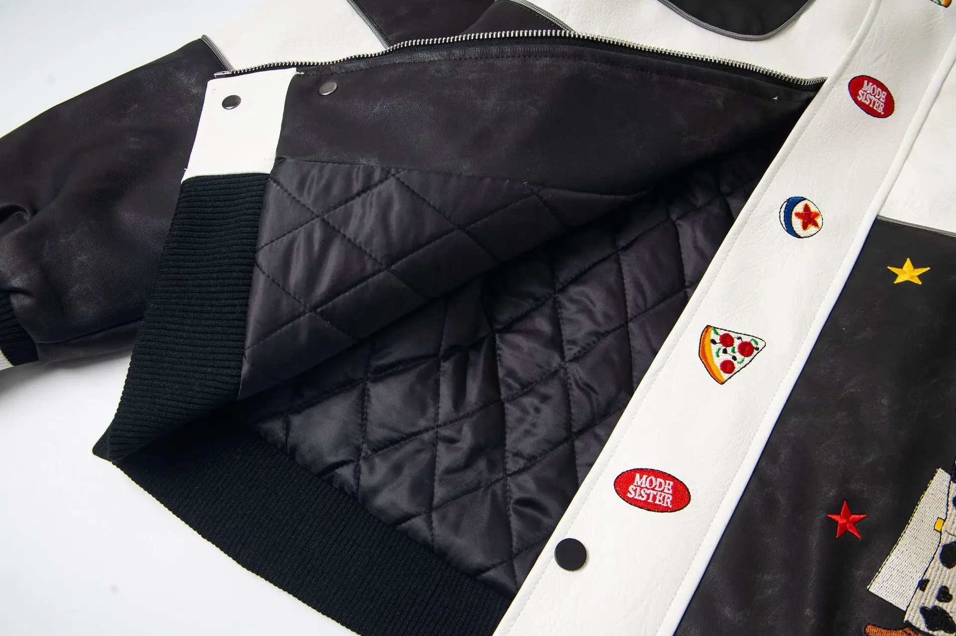 2025 الشتاء الرجعية الكرتون التطريز كتلة اللون سميكة بلوزات سترة بولي Leather الجلود بدوره إلى أسفل طوق معطف مبطّن بالقطن #5