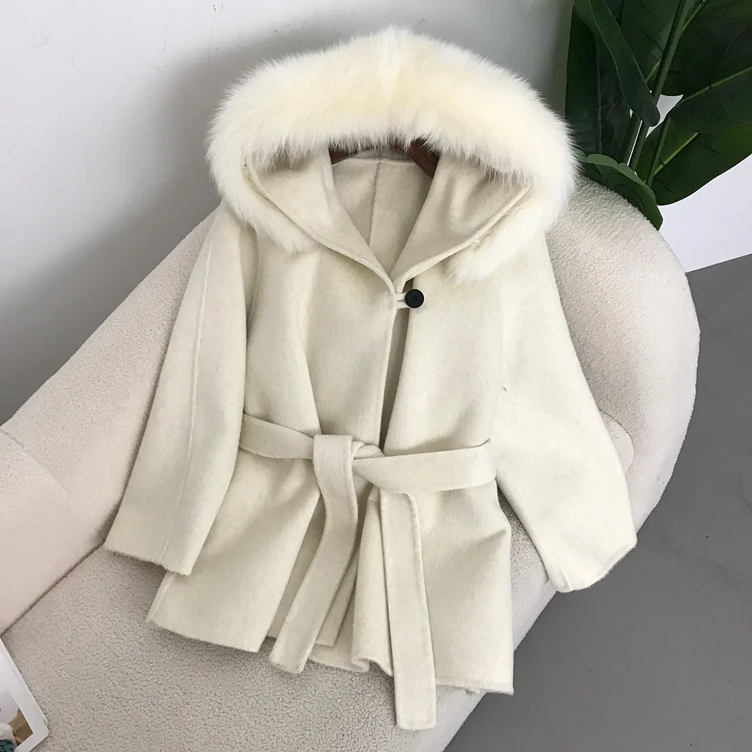 2024 Autumn Winter Double-sided Woolen Short Coat Women Double-sided Woolen Coat Women Hooded Fox Fur Collar Fashion Woolen Coat