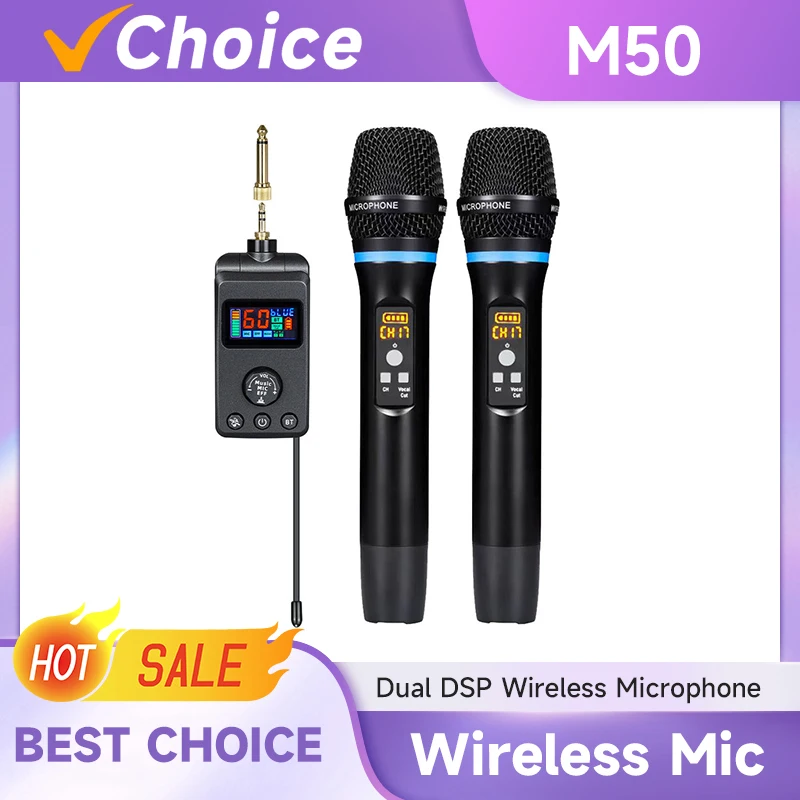 

Беспроводная динамическая караоке-система UHF с двумя микрофонами, DSP, защитой от обратной связи, перезаряжаемым приемником для домашних вечеринок, подключение Plug & Play