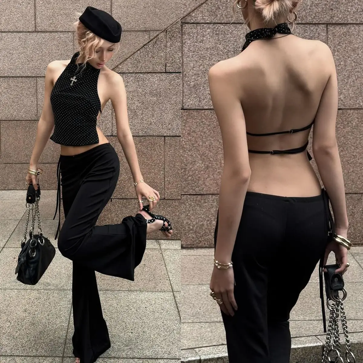 Women's Halter Backless Polka Dot Sleeveless Evening Dress Long Elegant Formal Party Gown