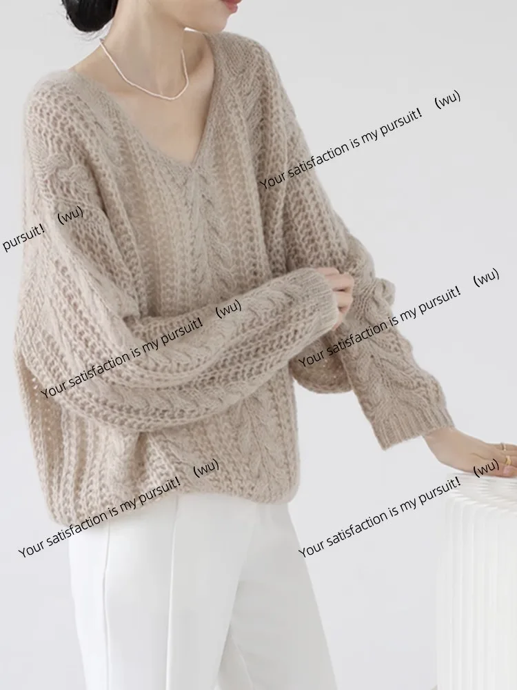 

French lazy wind soft waxy mohair sweater women's spring and autumn gentle temperament V-neck hollow knitted sweater bottoming