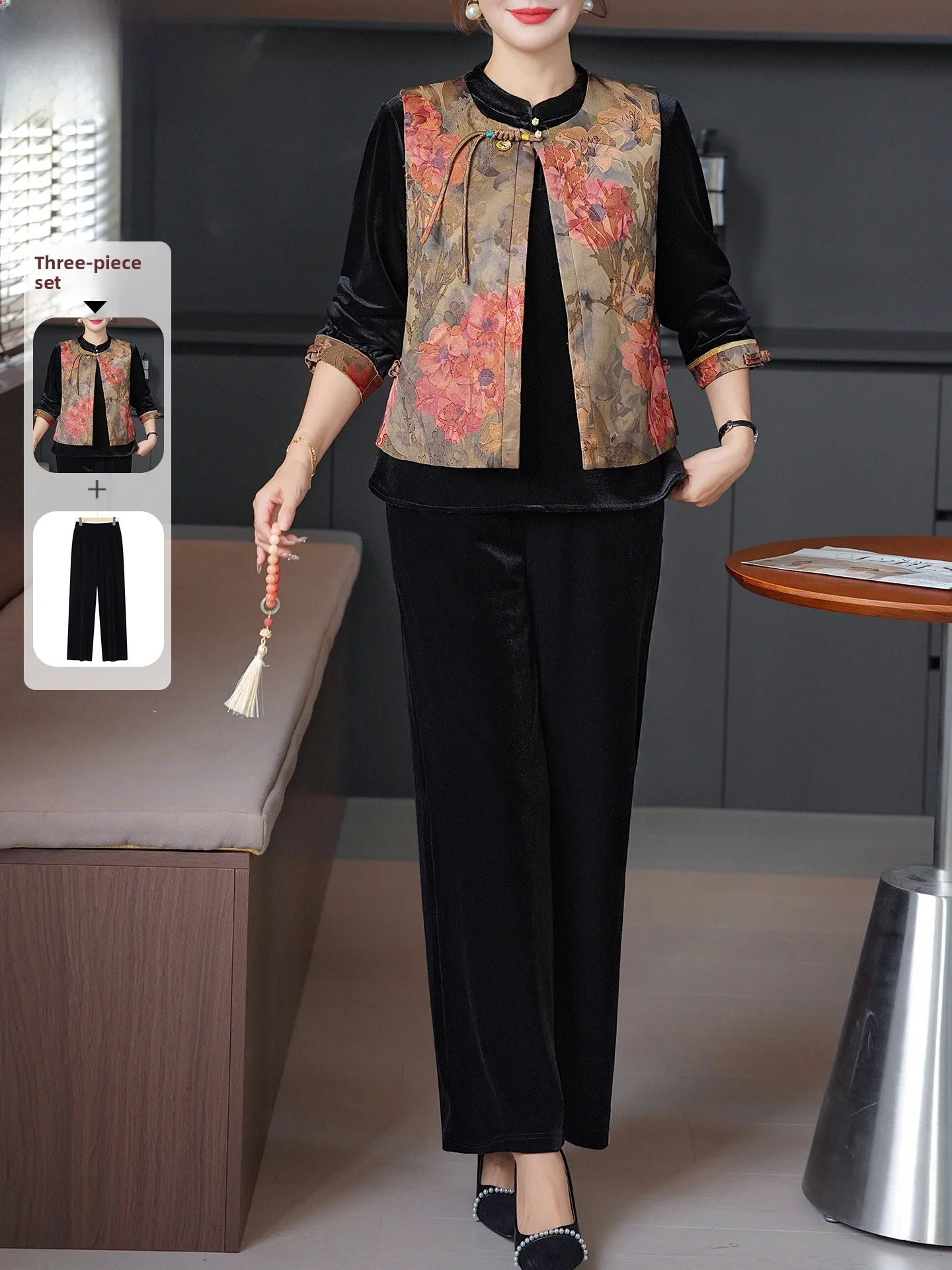 

Ele Chinese Sle Velvet Autumn Outfit for Women Middle-Aged And ly Tee-Piece Set Regal Small irt Top