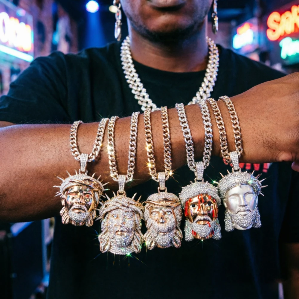 Sparkling Iced Out Full Diamond Jesus Head Necklace Pendant Men Women Hip Hop Fashion Rock Christian Fine Jewelry Gifts