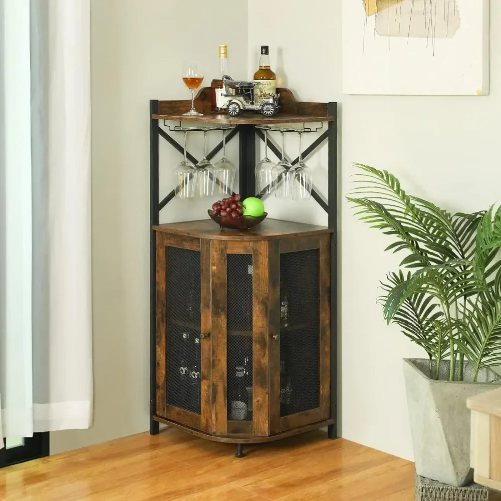 Armoire de bar d'angle avec porte-verre, réfrigérateur à vin, bar à la maison pour le stockage français ou du vin, vitrines marron rustique T1