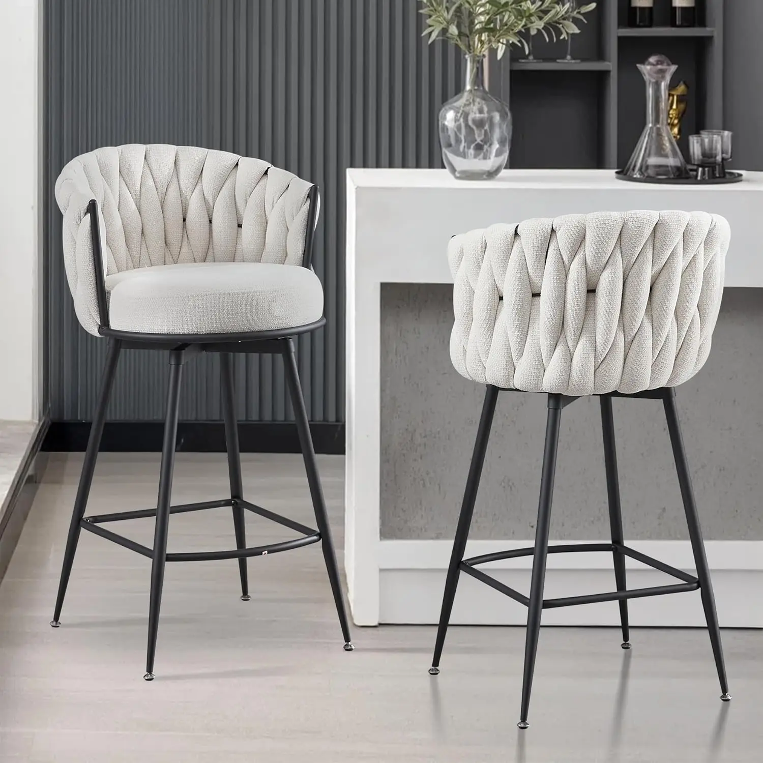 Bfz Bar Stools Set Of 2 For Kitchen Counter, 26 Inch Modern Fabric Counter Height Barstools, 360°Swivel Bar Chairs Stools With