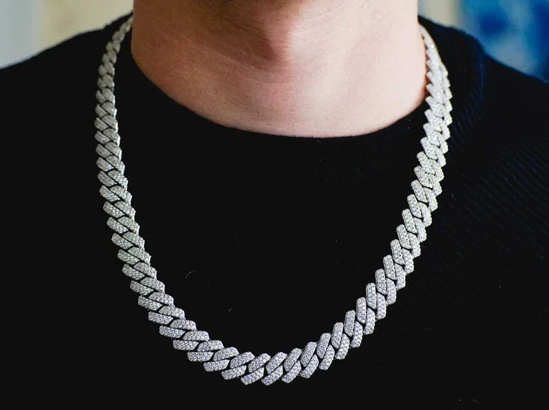 Custom Hip Hop Necklace 925 Sterling Silver Sparkling 14mm Vvs Moissanite Cuban Link Chain