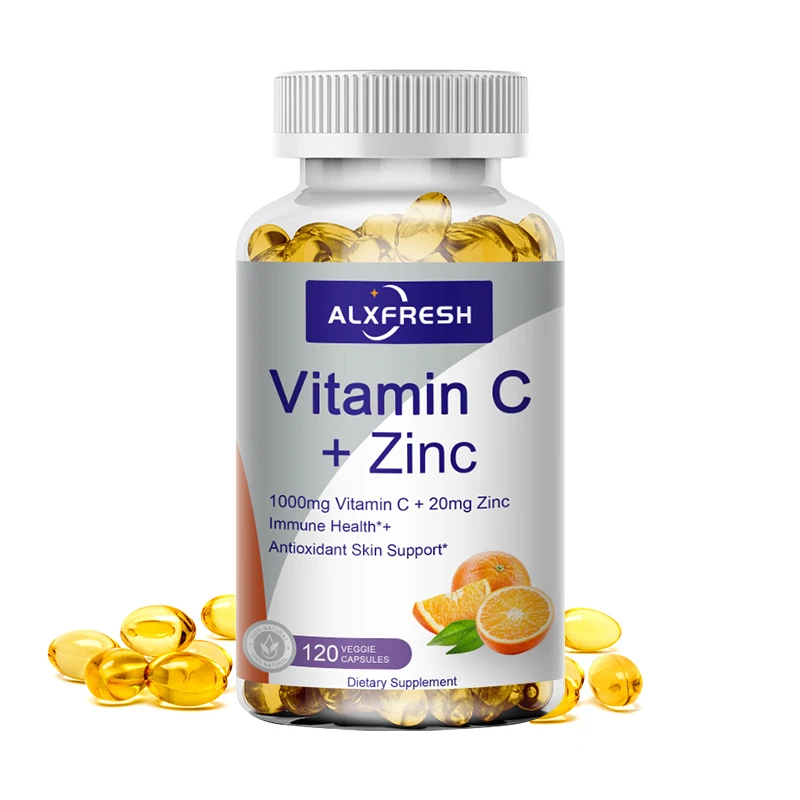 Alxfresh Vitamin C 1000mg with Zinc 20mg | Non-GMO & Gluten Free Vegan | Antioxidant Supplement for Immune Support | 60/120 Caps