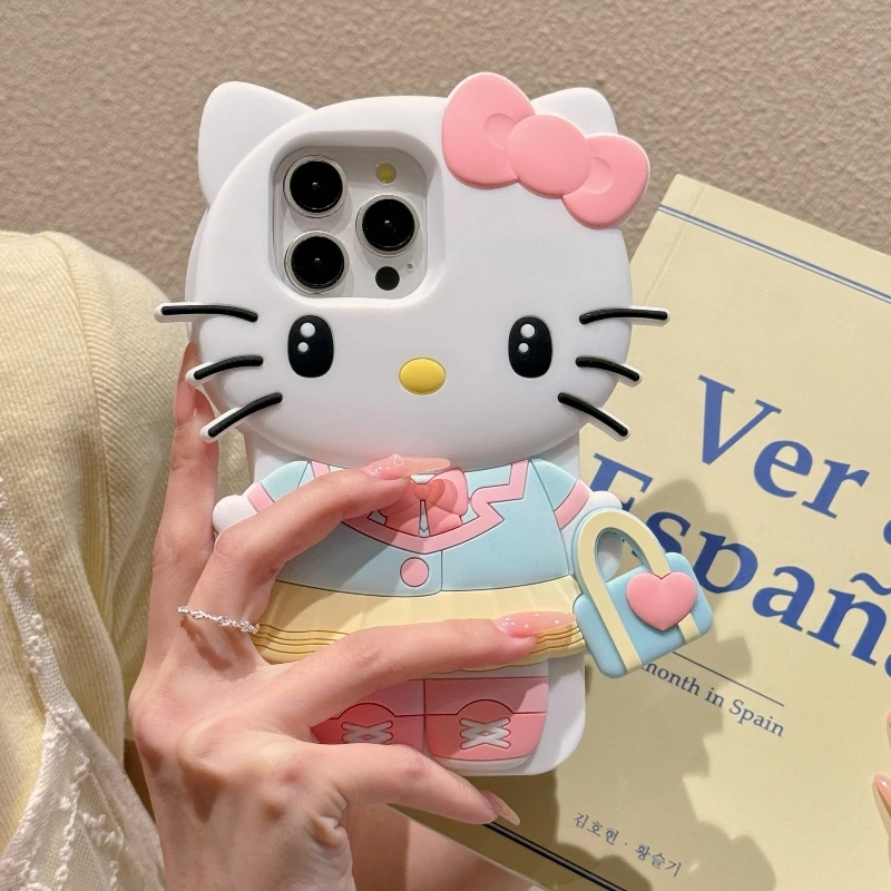 جراب هاتف من السيليكون الناعم من Hello Kitty ثلاثي الأبعاد ، غطاء ضد للصدمات ، هدية للفتيات ، آيفون 15 برو ماكس ، آيفون 14 ، آيفون 13 ، آيفون 12 برو ماكس ، آيفون 11