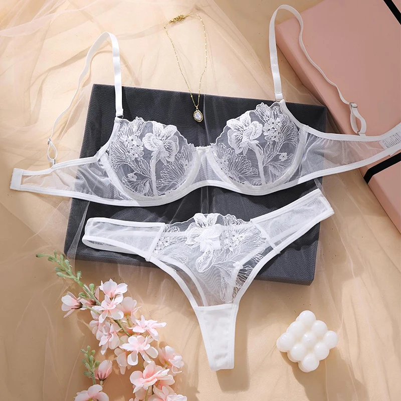 

Sexy Female Lingerie Ultra Thin Sweety Mesh Underwear White Pure Desire Bra and Panty Set Transparent Lingerie 2 Pcs Erotic Sets