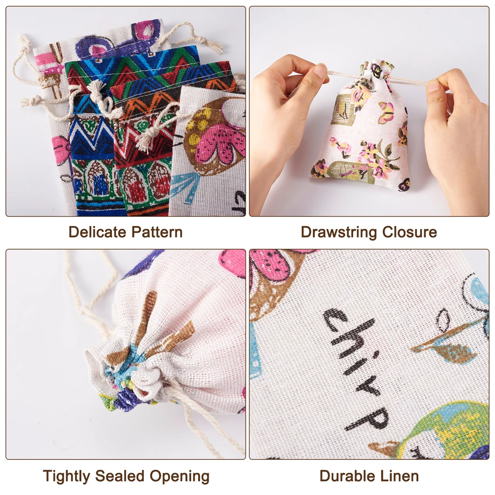 Cotton Drawstring Gift Bag Burlap Packing Pouches Rectangle Flower Printed Colorful Jewelry Storage Bag 14~14.5x10x0.15~0.4cm