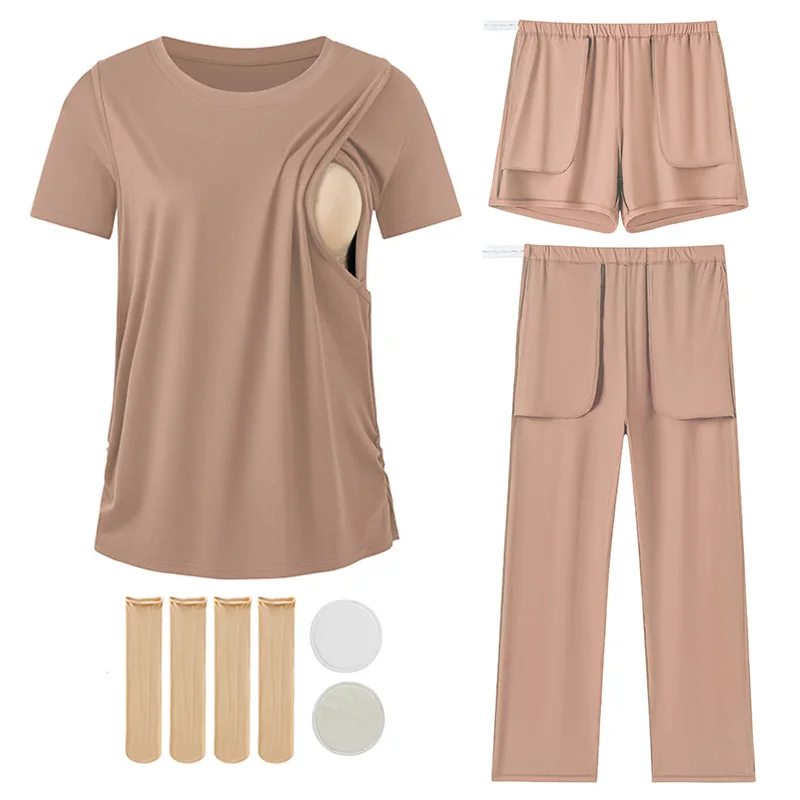 

Women's Round Neck Short Sleeve Maternity Nursing Pajamas Shorts&Pants Sets with Nursing Breast Pads & SocksPregnancy Clothes ﻿
