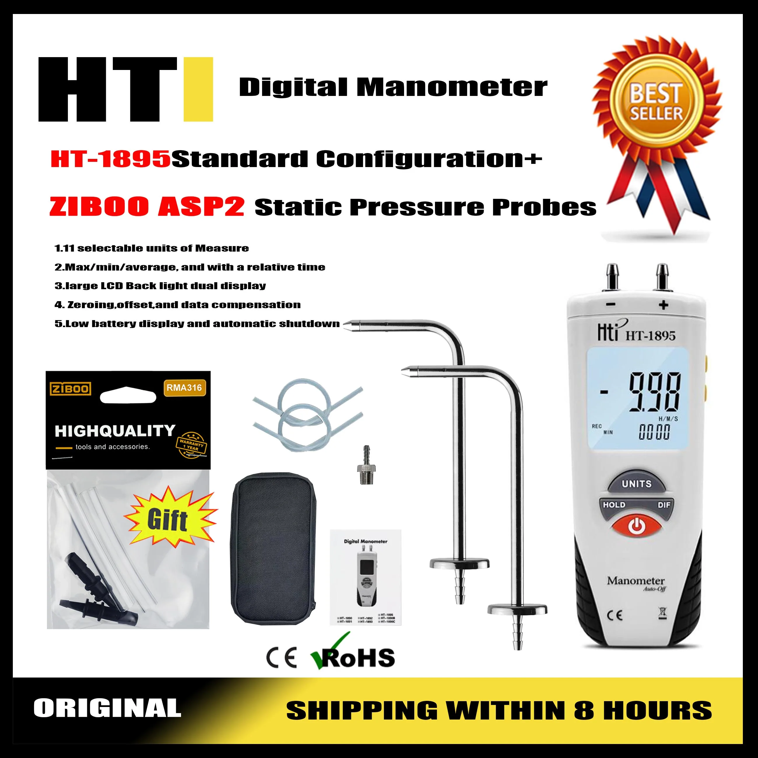 Hti HT-1895 Differential Gas Pressure Digital Vacuum Air Pressure Gauge Meter Digital Manometer  with Static Pressure Probes.