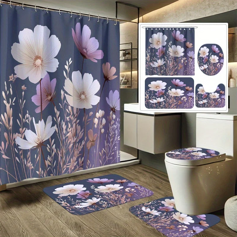 

4pcs Serene Floral Night Shadow Printed Shower Curtain Set, Bathroom Decor Kit Includes Shower Curtain, Non-Slip Mat, Toilet