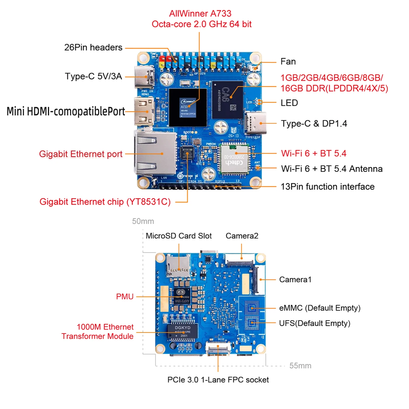 Orange Pi Zero 4 Allwinner A733 Octa-core 2.0Ghz 64-bit 3TOPS Gigabit Ethernet WiFi6 BT 5.4 USB 3.1 PCIe 3.0 Dual CSI OPI Zero 4