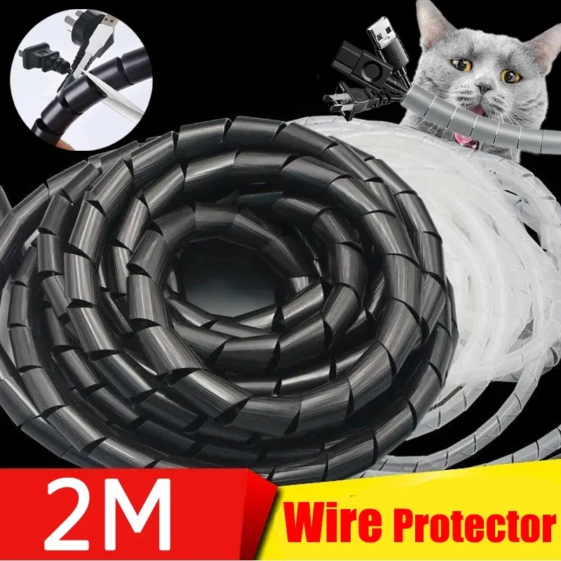 10/16mm 2M Wire Desk Organizer Cord Protective for Computer Line Winding Bundle Mangement Anti-biting Spiral Protection Sleeve