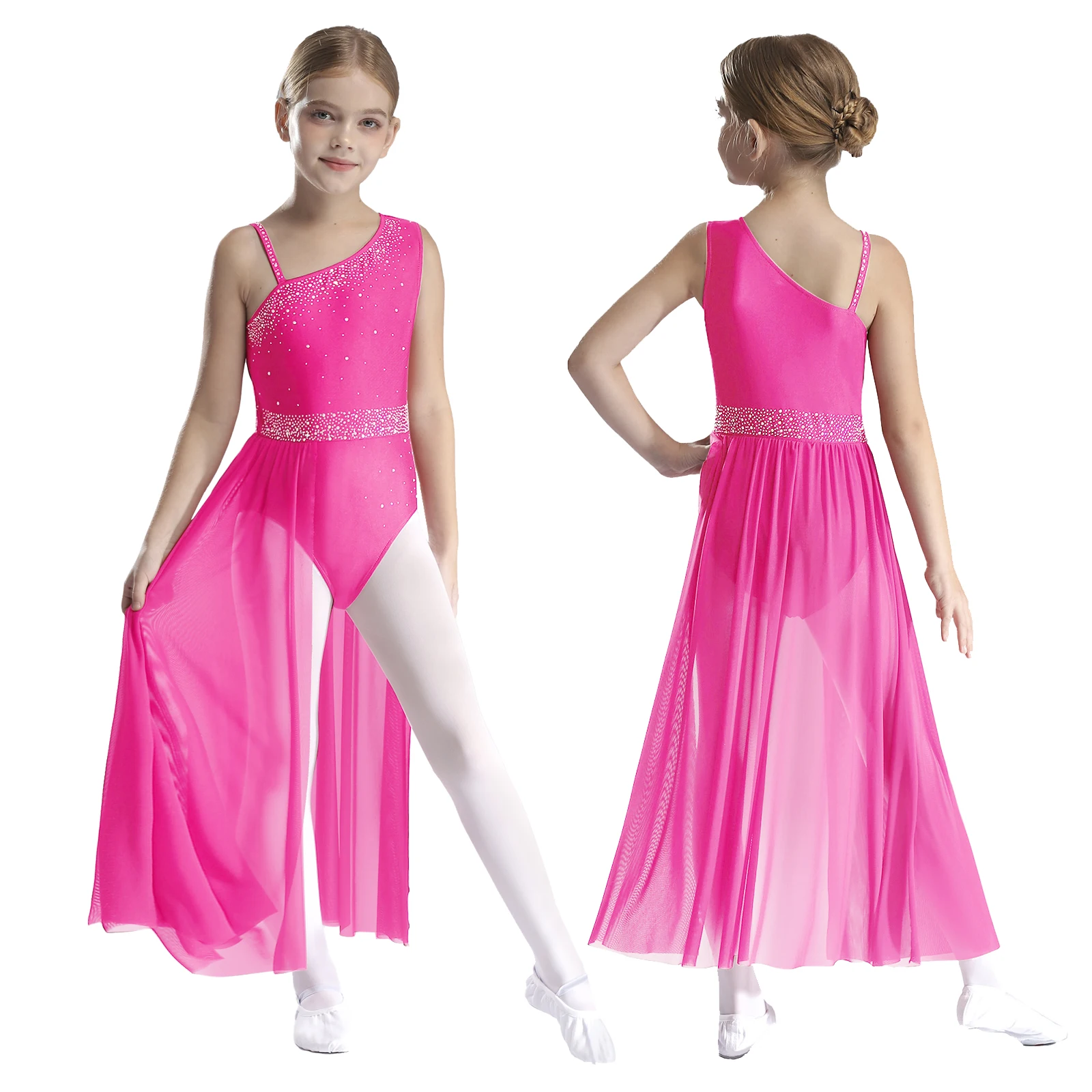 

Kids Girls Ballet Leotard Dress Rhinestones Asymmetrical Sheer Mesh Skirted Bodysuit Modern Contemporary Figure Skating Dress