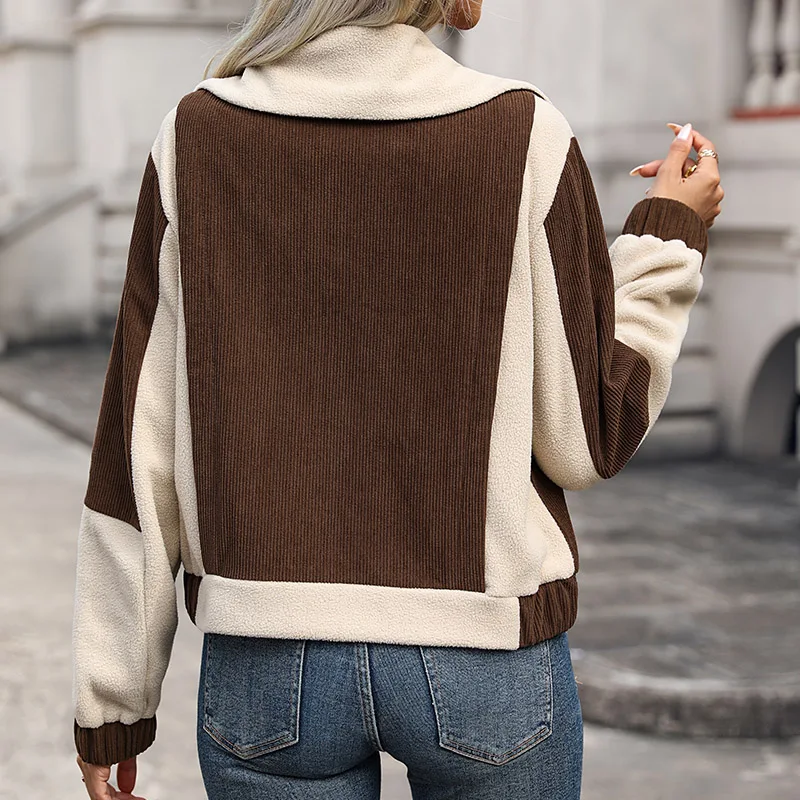 Jaket Wanita Warna Cokelat Beige dengan Blok Warna, Kerah Tinggi, Ritsleting, Saku Korduroi, Musim Gugur Musim Dingin, Kasual, Fashion, Slim Fit
