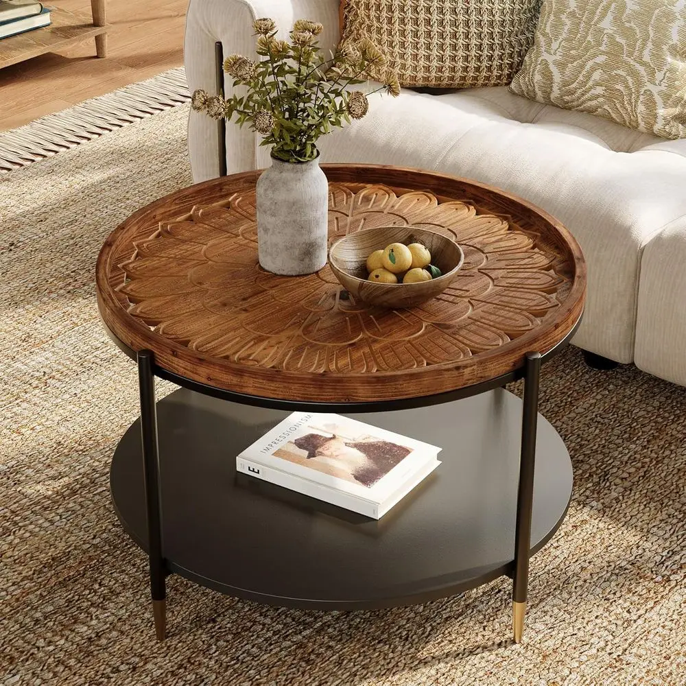 

Boho Style Round Coffee Table, 31.5-Inch Metal Storage & Carved Floral, Rustic Brown for Living Room or Small Spaces