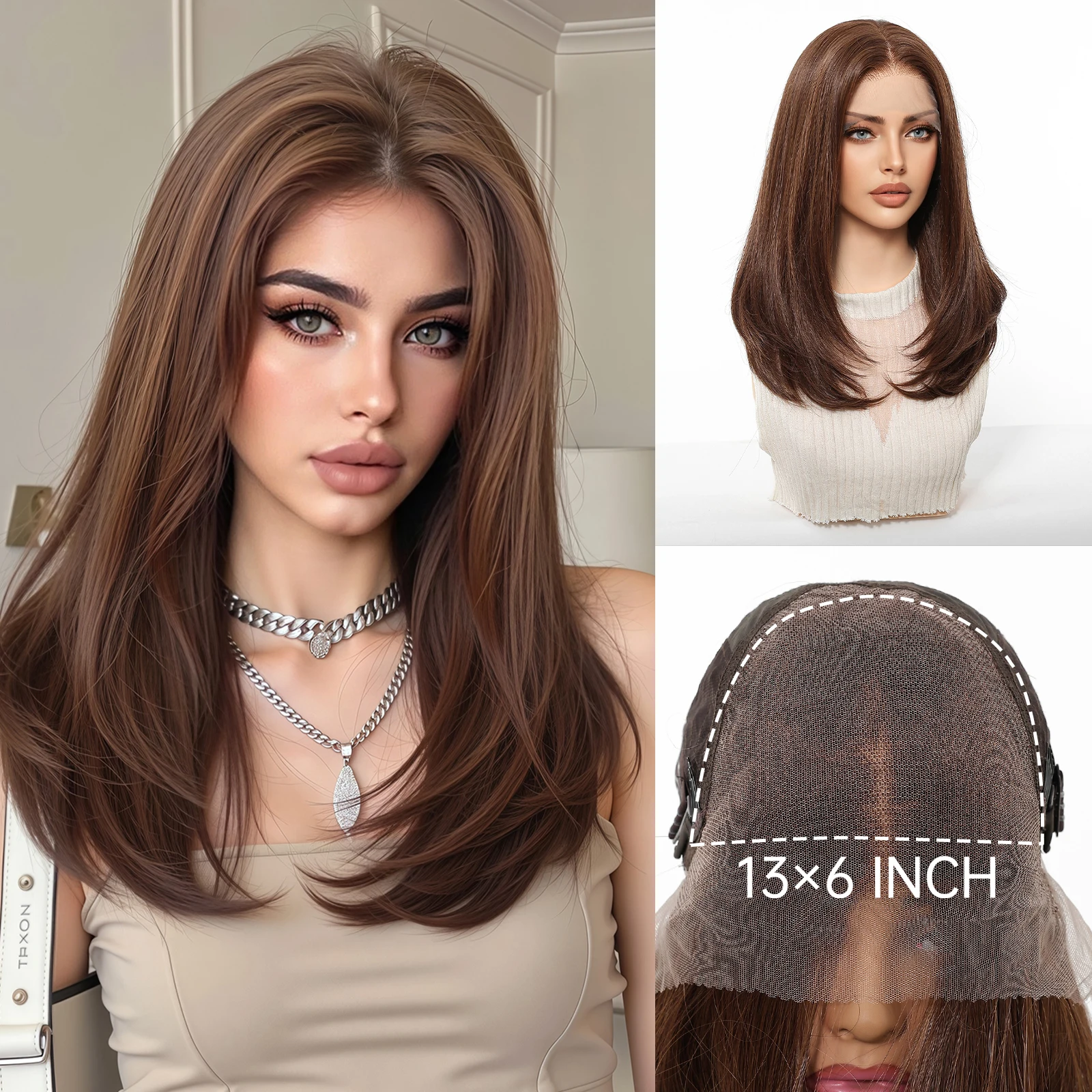 HAIRCUBE 13x6 Lace Front Wig Brown Medium Layered Straight Synthetic Wig for Women Free Part Natural Hairline for Daily Party