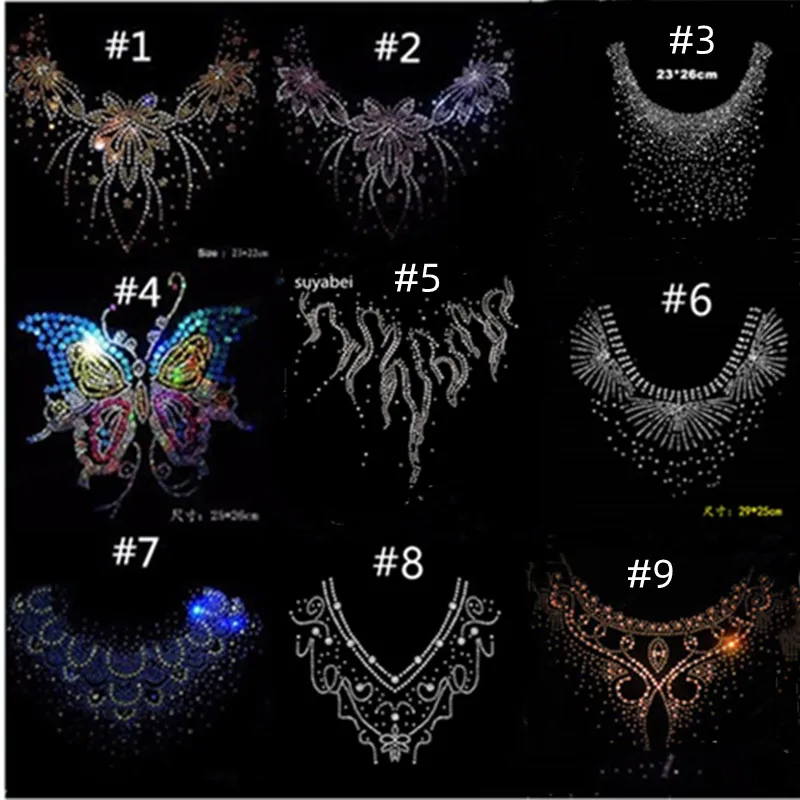 6pc/lot Fashion neckline Flower design hotfix rhinestone,heat transfer design iron on rhinestone motif,embellishment for the gar