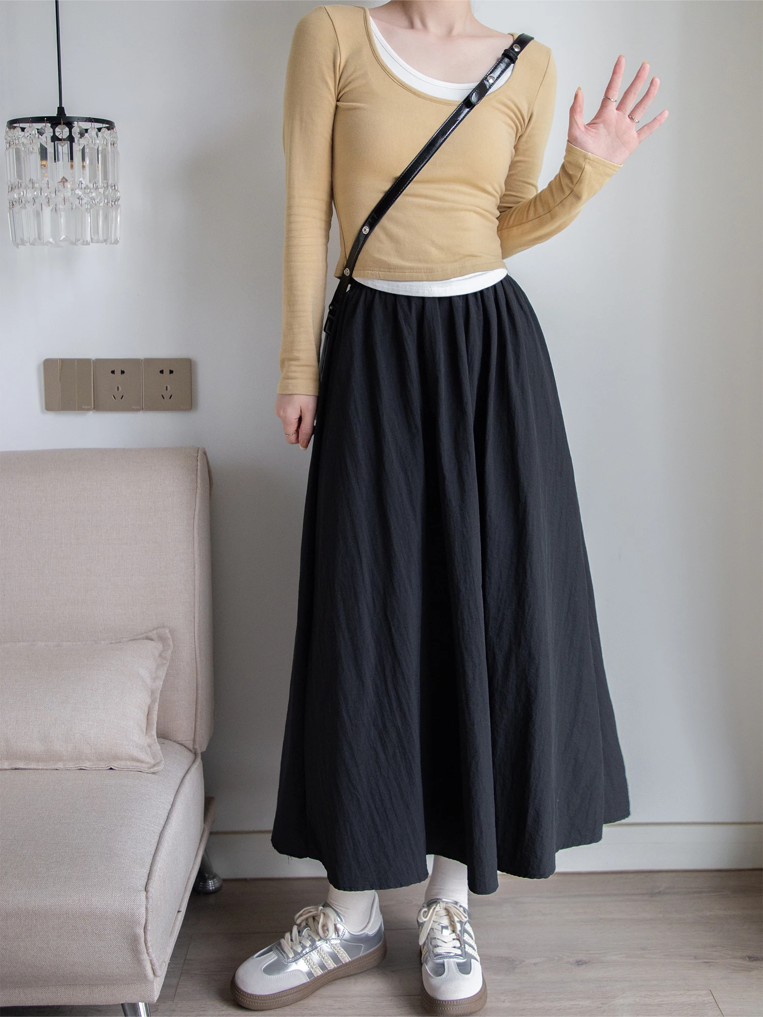 

Summer Casual Slimming High Waist Lazy Sle Thin Umbrella Skirt New Folded A-Line Midi Skirt for Young Women 8-24 Years Old