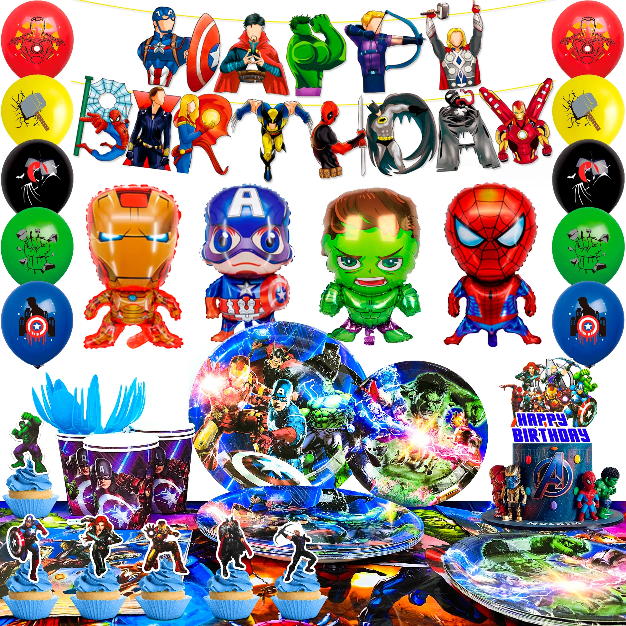 Décorations d'anniversaire de super-héros, 115 pièces, vaisselle de fête de super-héros, ballons, assiettes de bannière, etc., fournitures de fête de super-héros