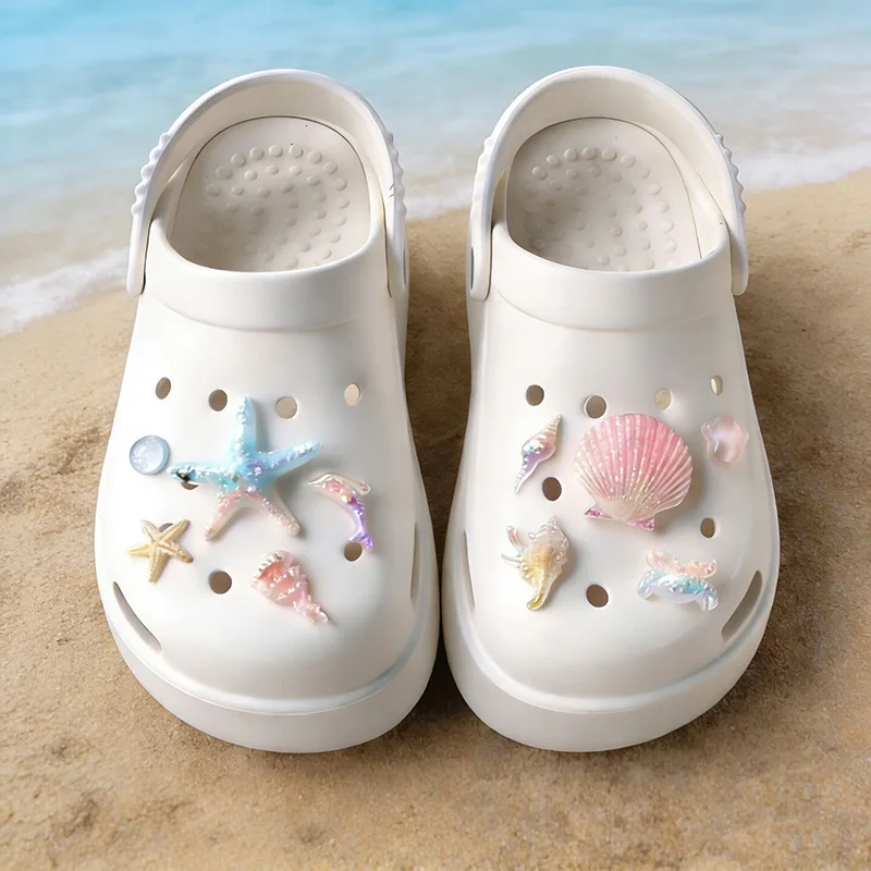 10Pcs Marine Style Glow in The Dark Starfish Shell Conch Shoe Charms For Clogs Hole Bubble Slides Sandals Removable Shoe Decor
