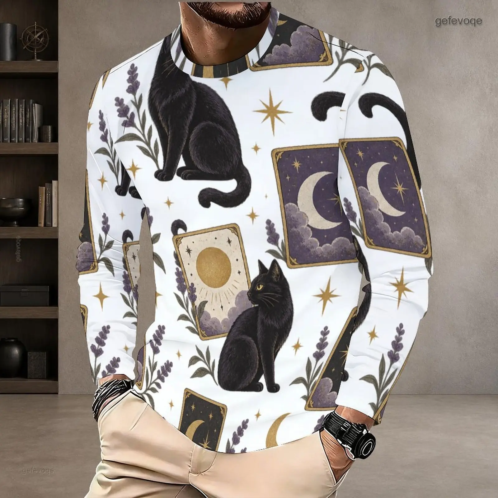 Men Round Neck Long Sleeve Printed T-Shirt with Gothic Raven Candelabra Castle Moon Star Pattern