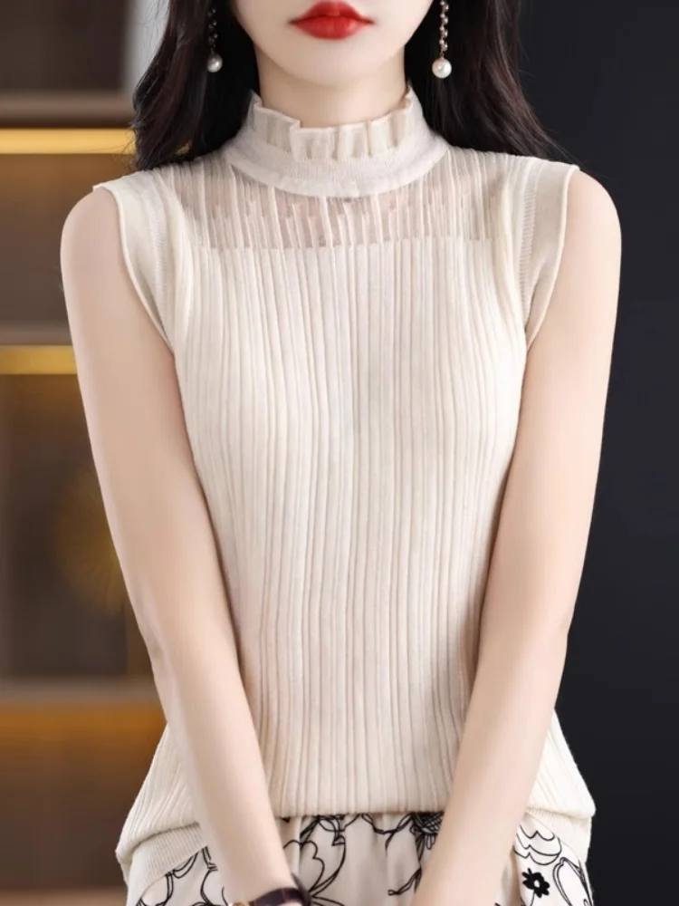 Spring 2025 Women's Woolen Lace Sleeveless Vest Hollow out Knitted Top Wooden  Design Base Shirt Commute Style Regular Fit