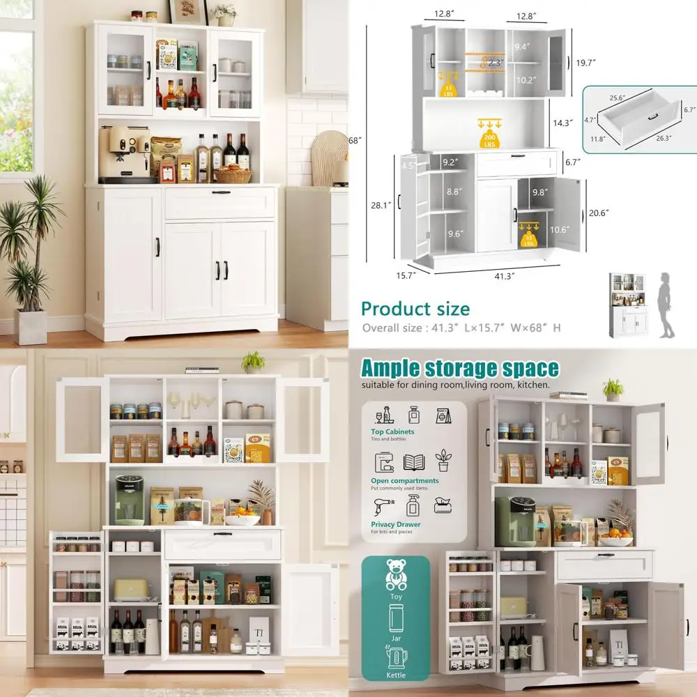 Modern Tall Kitchen Storage Cabinet with Microwave Stand and Coffee Bar Hutch, Space-Saving Food Pantry Cabinet for Efficient Or