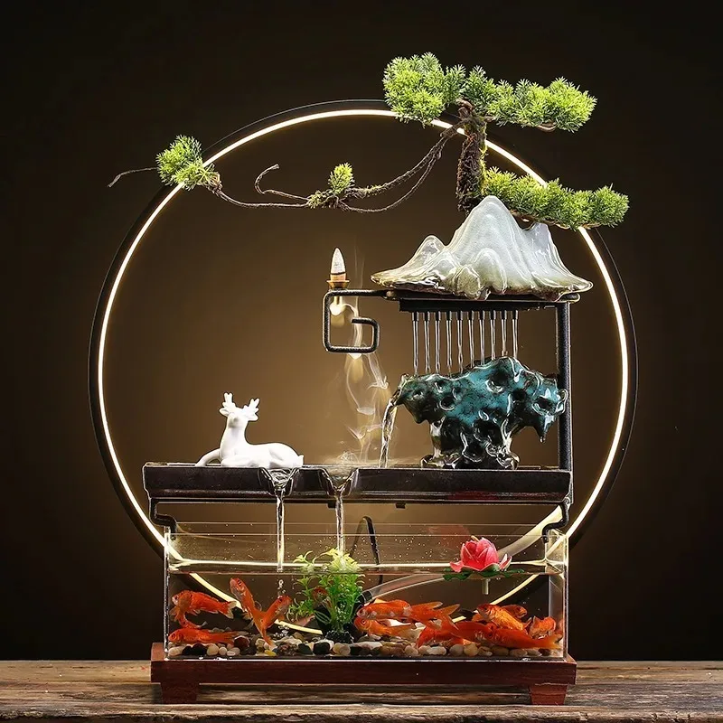 

Chinese Rockery Ceramic Circulating Water Fish Tank Landscape Office Desktop Ornaments Decoration Living Room Housewarming Gift