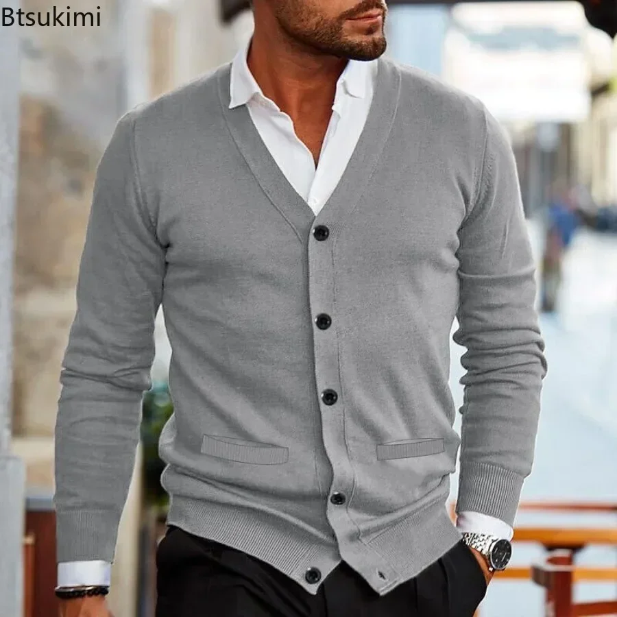 2025 suéteres de punto lisos para hombre Otoño Invierno manga larga cuello en V chaqueta cárdigan abotonada hombre de negocios Casual suéter ajustado abrigos