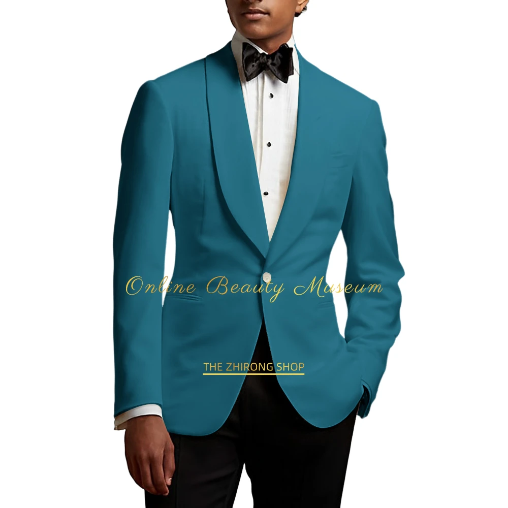 Men\'s ivory 2-piece suit, round collar jacket + black trousers, fashionable and elegant style, wedding cocktail party dress