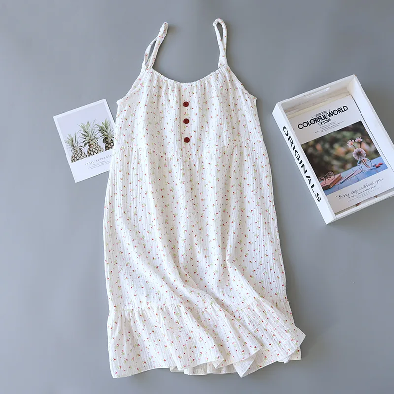 

Women's Sleeping Skirt 100% Cotton Gauze SpaghettiStrap Nightdress Skirt Comfortable Floral print Home pajamas Japanese Style