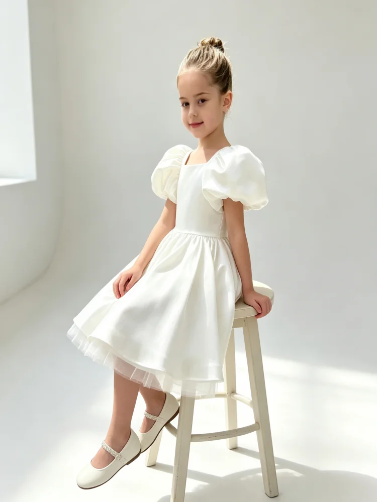 Custom Light Luxury Dress Women Wedding Guest Gown Girls Wedding Gown Birthday Party Pageant Puff Sleeve Satin Short Gown