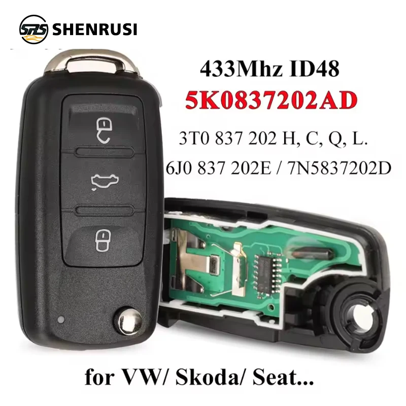 Clé rabattable à distance 3BT, 434MHz, puce ID48 pour VW Volkswagen GOLF PASSAT Tiguan Polo Jetta Beetle Skoda Seat Car 5K0837202AD