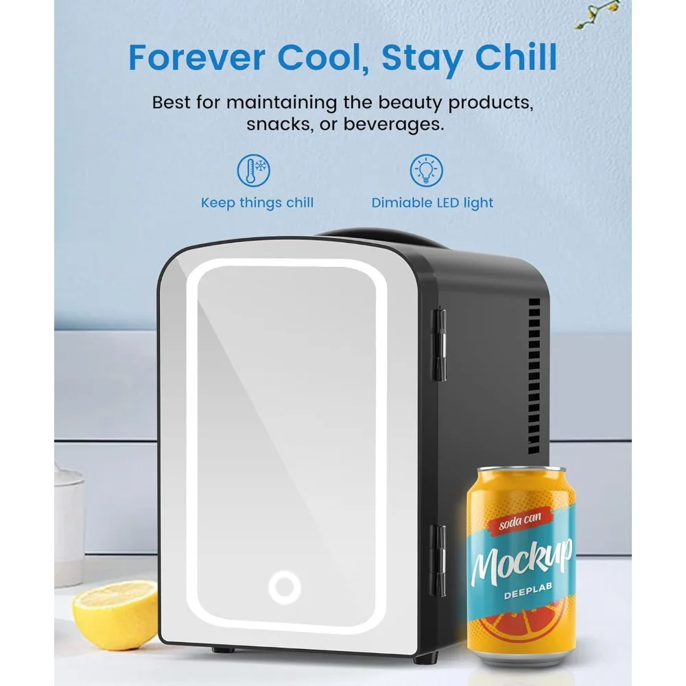 Skincare Fridge With Built-in LED Light Mirror, 4L Compact Mini Refrigerator AC/DC Portable