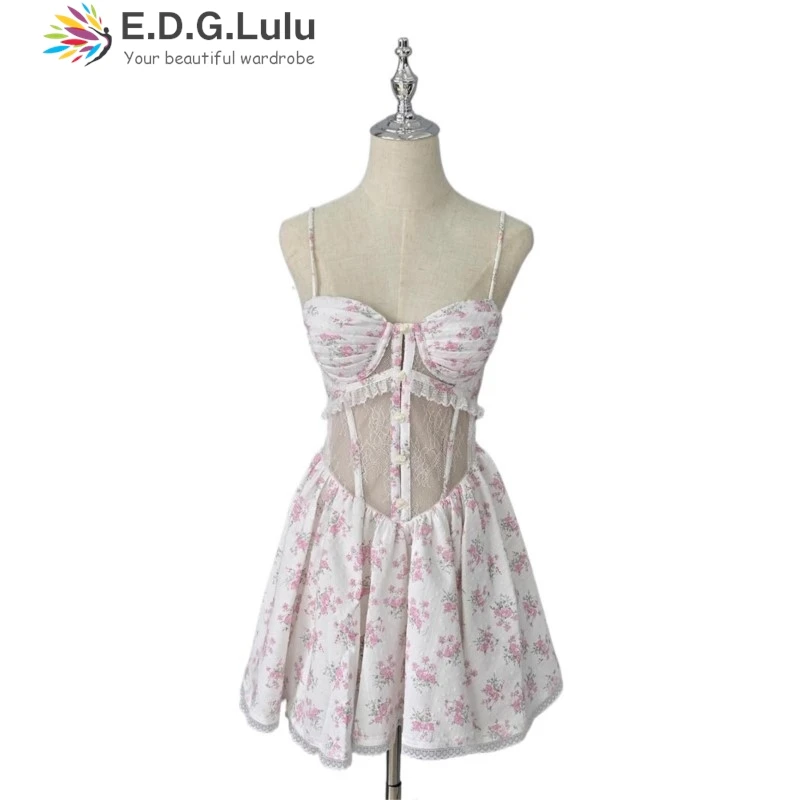 EDGLuLu Seksowne Stroje Damskie Sukienki Mini na Imprezę z Wysokim Stanem, Prześwitujące, z Koronkowymi Wstawkami i Kwiatowym Wzorem, Słodkie, Codzienne, Wakacyjne 0616