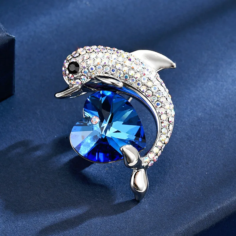 

High-end Love Heart Blue Crystal Dolphin Brooches for Women and Men Luxury Zircon Pins Corsage Suit Accessories Jewelry