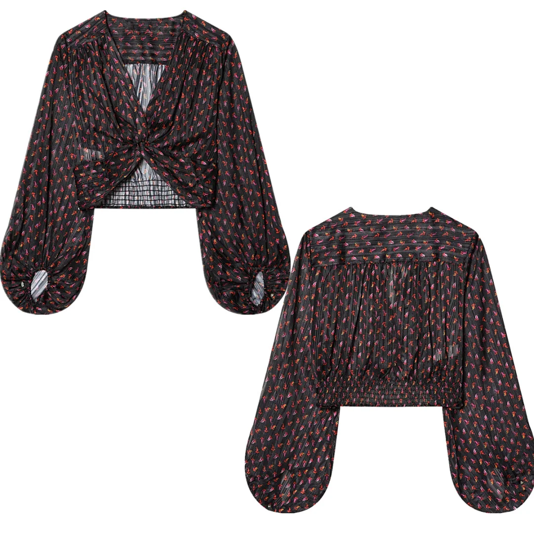 

Maxdutti ndie Folk V-neck Bow Floral Print Chiffon Shirt Women's Blouses And Shirt Woman Clothing Women's Shirt