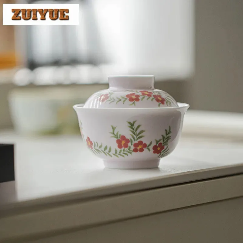 

90ml Apricot Powder Lianzhi Flower Gaiwan Creative Tea Tureen Tea Bowl With Lid Kit Tea Maker Cover Bowl Tea Items Decoration