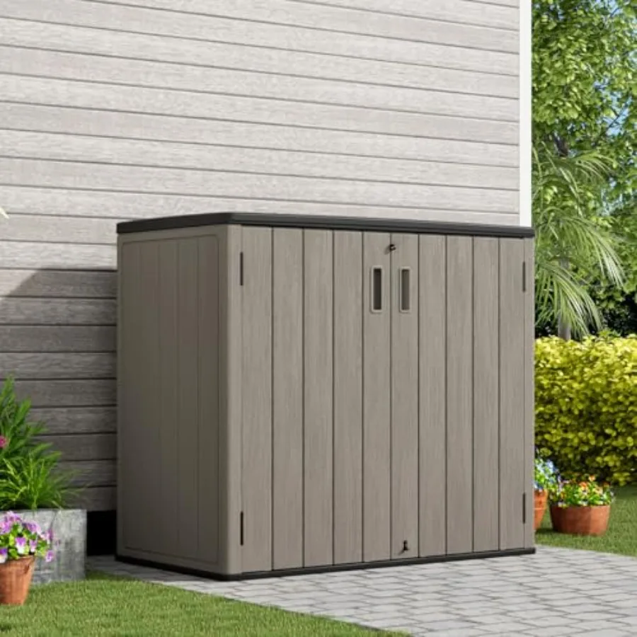 Outdoor Horizontal Storage Shed, Waterproof Resin, Gray, Lockable for Lawn Mower, Garden Tools and Patio Furniture