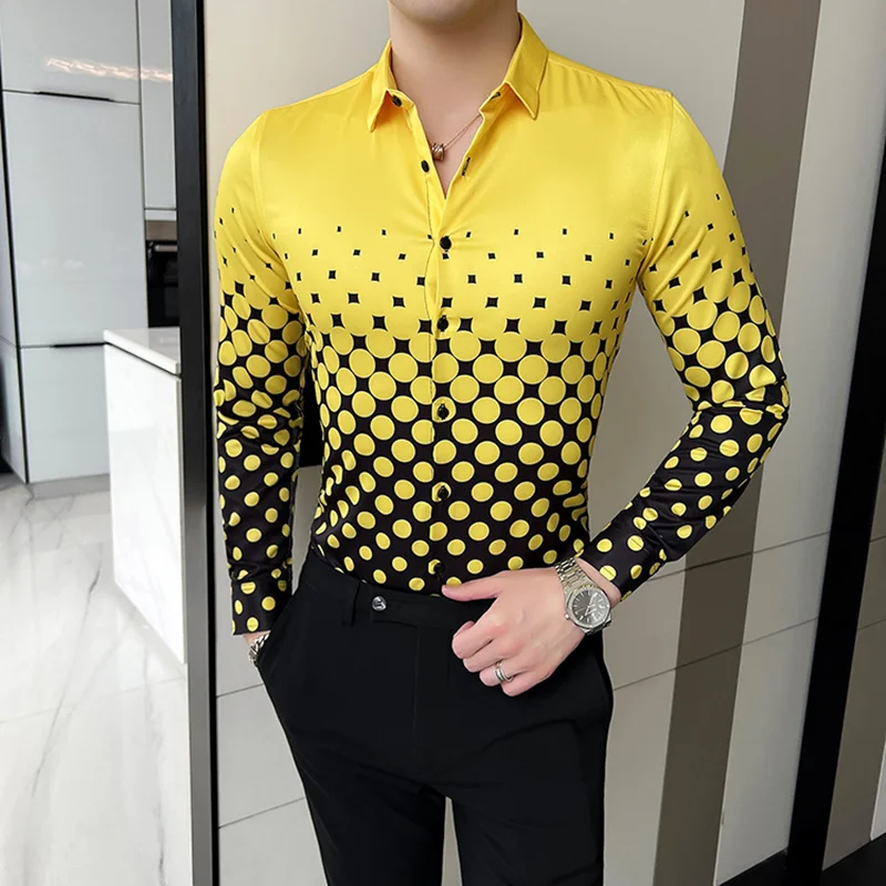 

2022 Summer Polka Dot Print Shirts Men Long Sleeve Slim Casual Shirt Men Clothing Streetwear Business Social Party Tuxedo Blouse