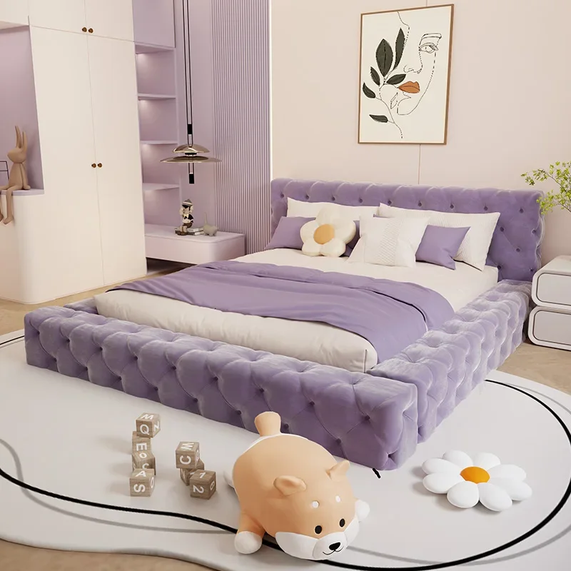 h*-180x200cm Frosted cloth Double Bed Luxury Modern Headboard Frame Double Bed Wood Full Queen Twin Bedroom Furniture^