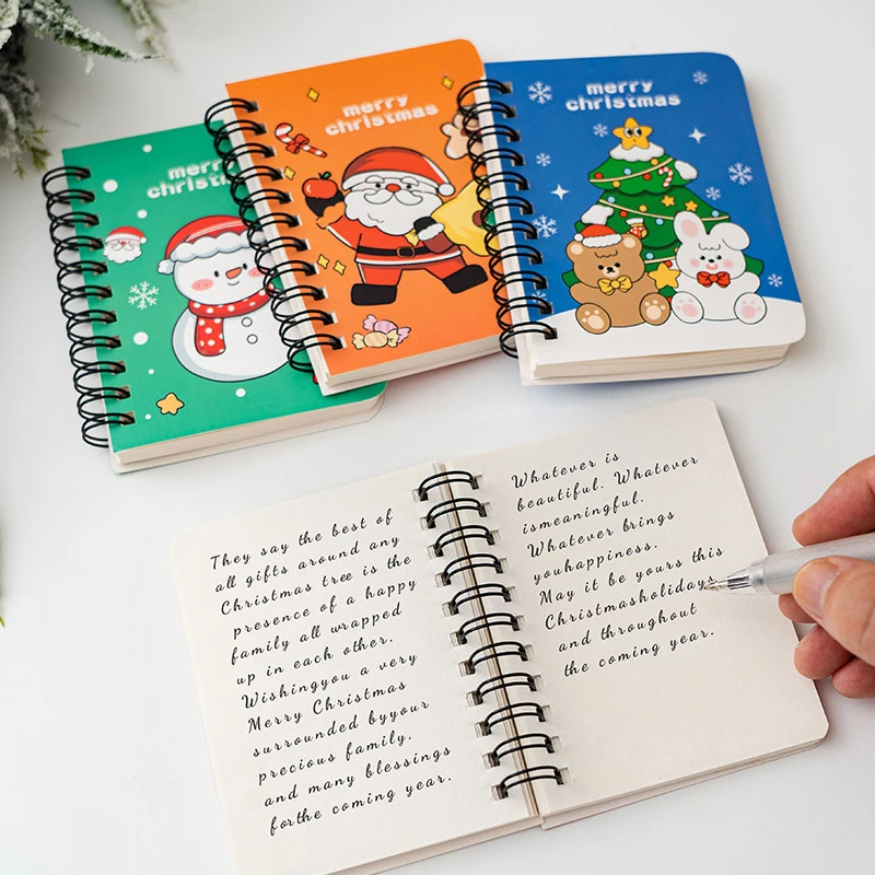 Christmas Mini Coil Notebook Cartoon Santa Claus Snowman Portable Writing Notepad Children's Small Prize Student Stationery