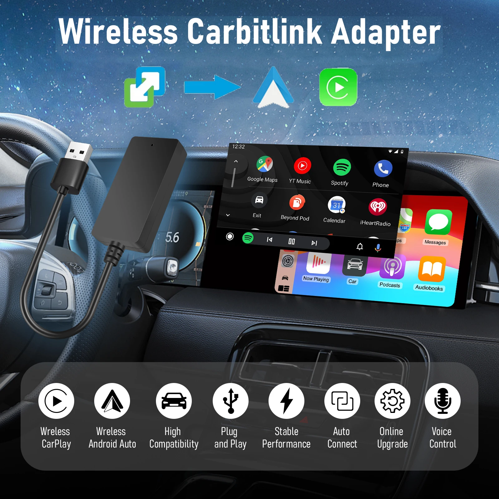 

Carbitlink Easylink Easyconnection To Wireless CarPlay Android Auto 2 in 1 Adapter Plug & Play Auto Connect Fit for Chinese Car