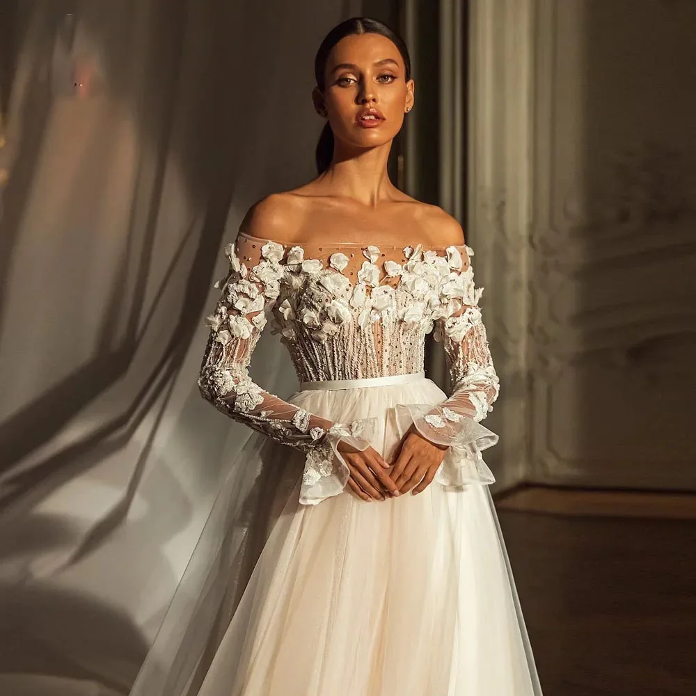 Sexy A Line Wedding Dresses 2024 Boat Neck  Vestido De Novia Long Sleeve Customized Lace Appliques Beaded Womens Clothing