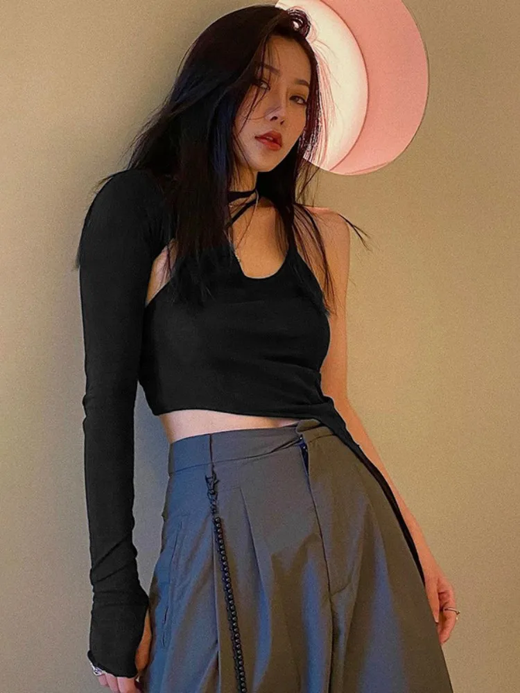 Summer New Solid Color Irregular Y2k Top Casual Lace-up Hollow Women Clothes Hanging Neck Backless Single Side Long Sleeve Tops