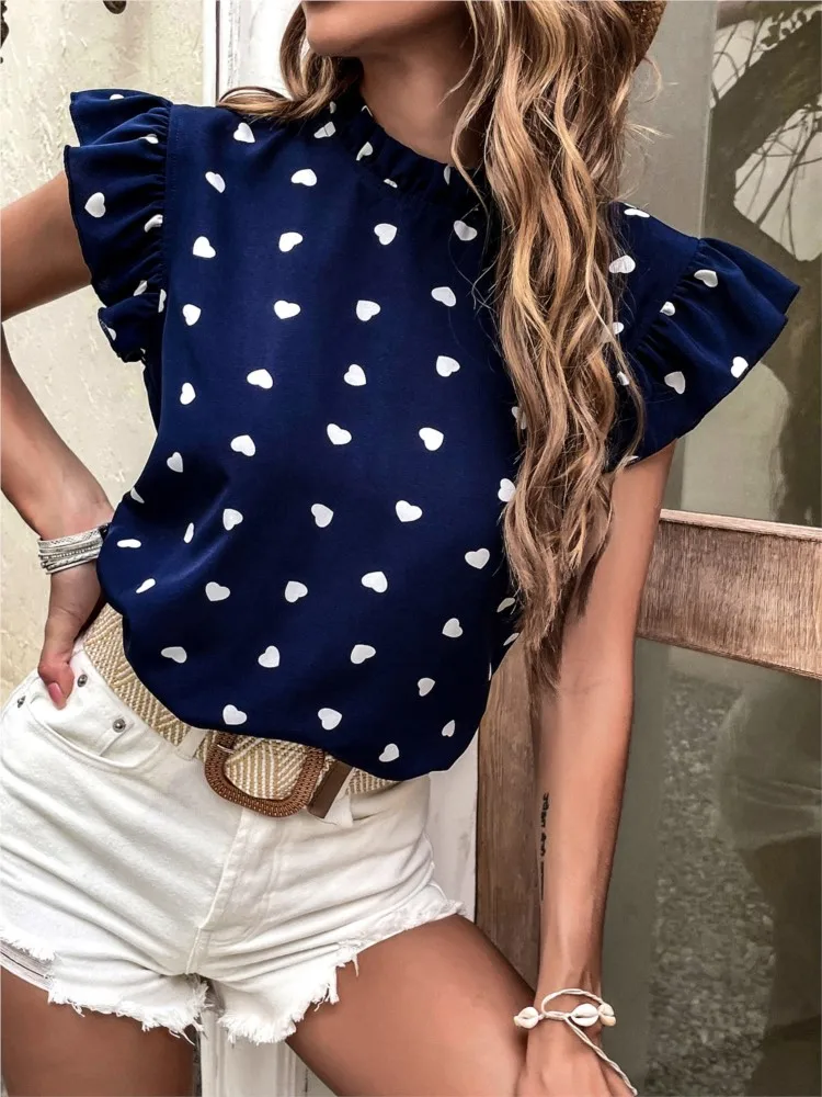 Camicetta a pois con scollo a O a maniche corte arruffata alla moda per le donne 2024 camicia con stampa Casual estiva camicette dolci e Top